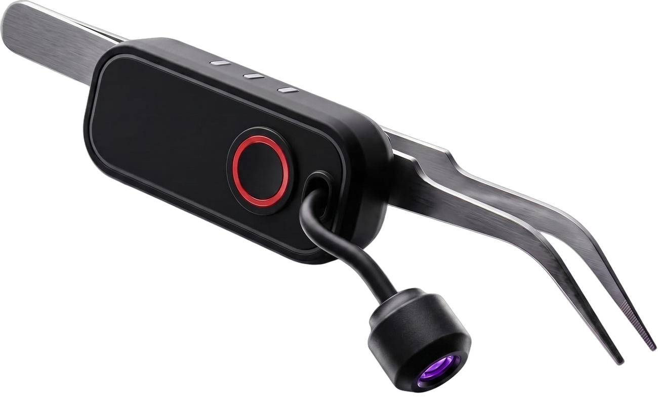 Hi_friend AL95 5W 405nm UV curing light in black-red, clipped onto a lash tweezer