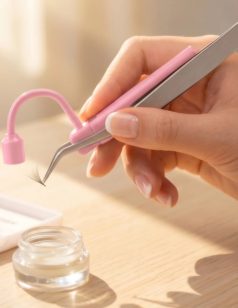 Lash artist holding a featherlight Hi_friend UV tweezer over a lash tray — no cords, no pedal
