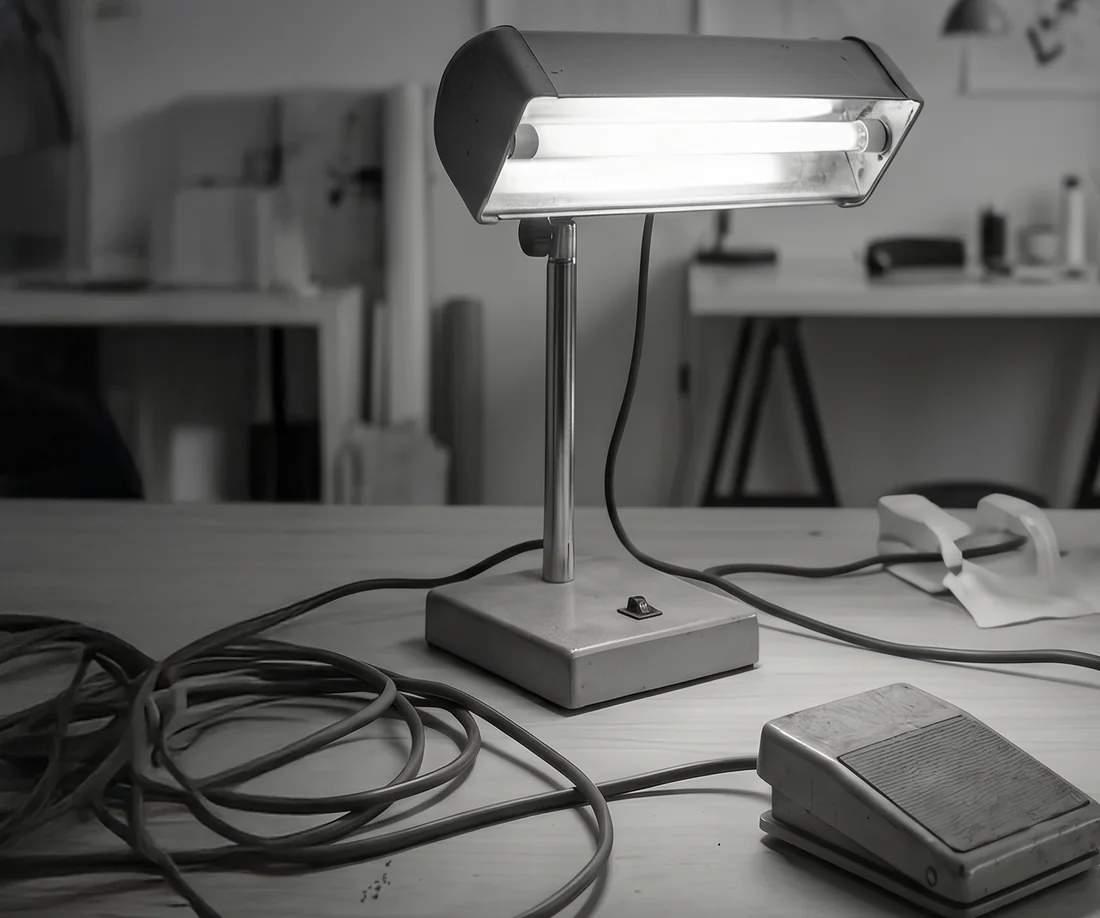 Old bulky UV lamp with foot pedal and tangled cords on a lash studio desk
