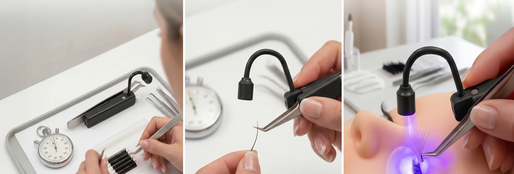 Hi_friend black UV lash lamp in a lash studio — streamlined workflow, precise isolation and one-tap curing on a volume set